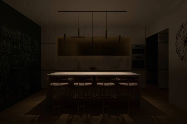 Illustrazione Una Cucina Con Illuminazione Sotto Isola Cottura Cucina Interior — Foto Stock