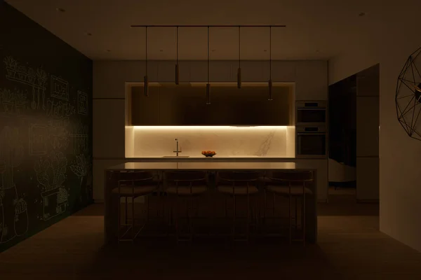 作業台の下に照明付きキッチンの3Dイラスト モダンなスタイルでキッチンインテリアデザイン モダンなキッチンデザインのアイデア2020 — ストック写真