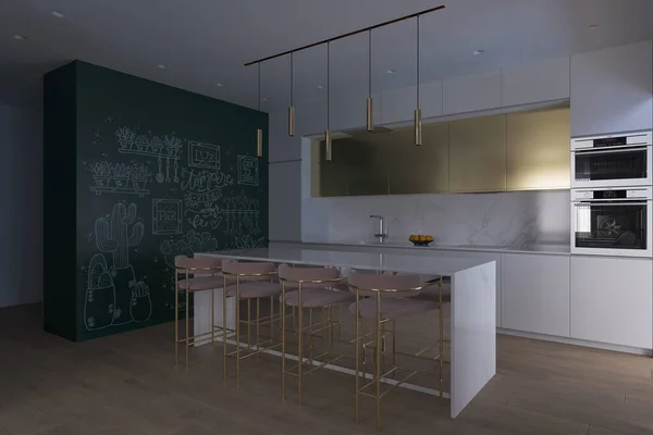 3D illusztráció a konyha nappali világítással — Stock Fotó