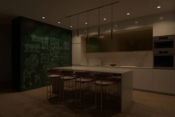 3D illustratie van een keuken met groot kookeiland — Stockfoto