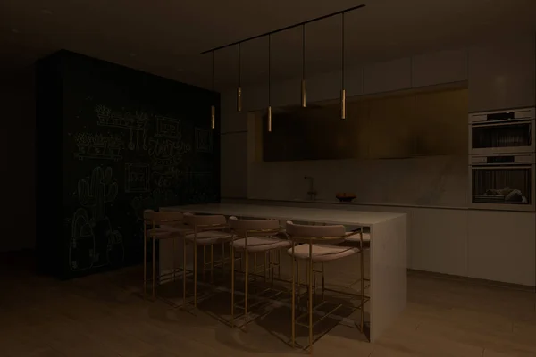 Ilustración 3D de una cocina con iluminación nocturna. —  Fotos de Stock