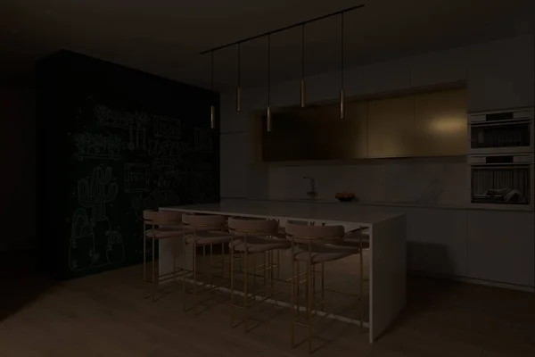3D-weergave van een keuken met groot kookeiland — Stockfoto