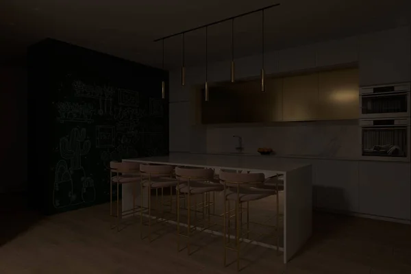 Rendering 3D di una cucina con grande isola di cottura — Foto Stock