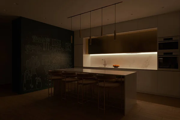 Representación 3D de una cocina con iluminación led e isla de cocina — Foto de Stock