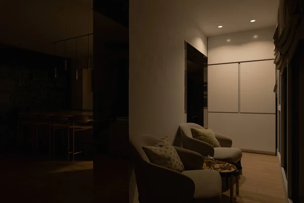 夜間照明付きのキッチンコーヒーゾーンの3Dイラスト — ストック写真