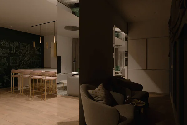 3D-Illustration einer Küche Erholungszone mit Nachtbeleuchtung. — Stockfoto