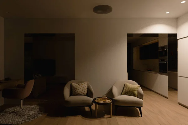 3d render Ilustración de diseño de interiores de un apartamento de ciudad con oficina en casa para freelance —  Fotos de Stock