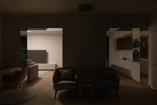3D Interior σχεδιαστική απεικόνιση ενός διαμερίσματος της πόλης με το γραφείο στο σπίτι για freelance — Φωτογραφία Αρχείου