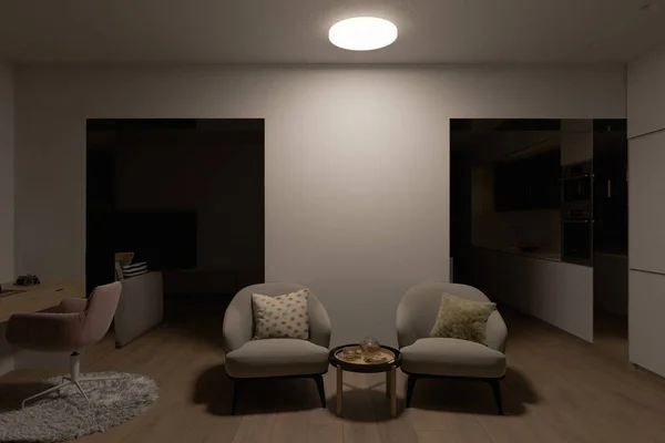 3D Interior σχεδιαστική απεικόνιση ενός διαμερίσματος της πόλης με το γραφείο στο σπίτι για freelance — Φωτογραφία Αρχείου