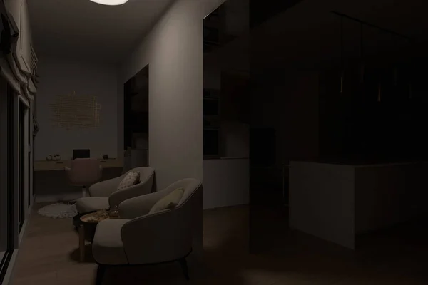 3D illusztráció belsőépítészeti egy városi apartman relaxációs és kávészünet zóna — Stock Fotó