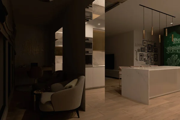 3d ilustración diseño interior de un apartamento de la ciudad con oficina en casa para freelance —  Fotos de Stock