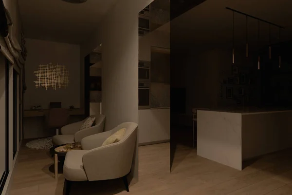 3d ilustración diseño interior de un apartamento de la ciudad con oficina en casa para freelance —  Fotos de Stock