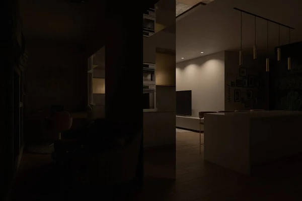 3D иллюстрация интерьера квартиры с домашним офисом для фрилансеров — стоковое фото