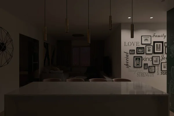 Illustrazione 3d di un soggiorno interno e cucina con luce notturna — Foto Stock