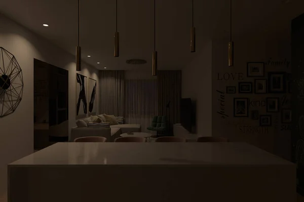 3d illustratie van een interieur woonkamer en keuken met nachtlampje — Stockfoto