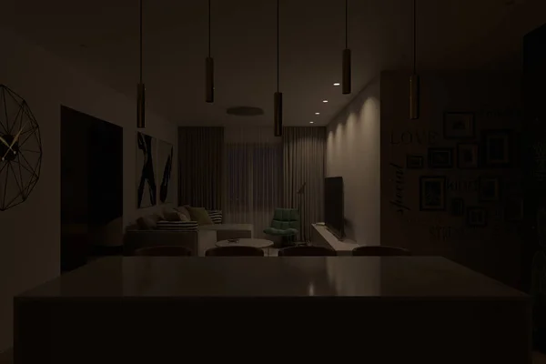 Renderização 3d de uma sala de estar interior com luz sob zona de tv. — Fotografia de Stock