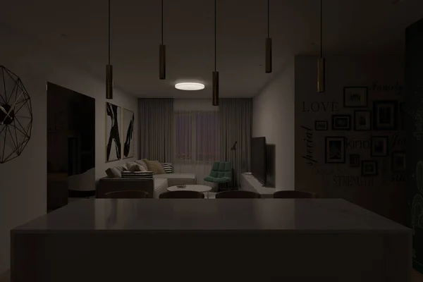 テレビゾーンの下に光のある屋内リビングルームの3Dレンダリング. — ストック写真