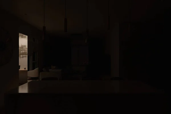 夜間照明付きの屋内リビングルームの3Dレンダリング モダンなスタイルのアパートのインテリアデザイン 調理島とリビングルームエリアのカメラアングル インテリアデザインのトレンド — ストック写真
