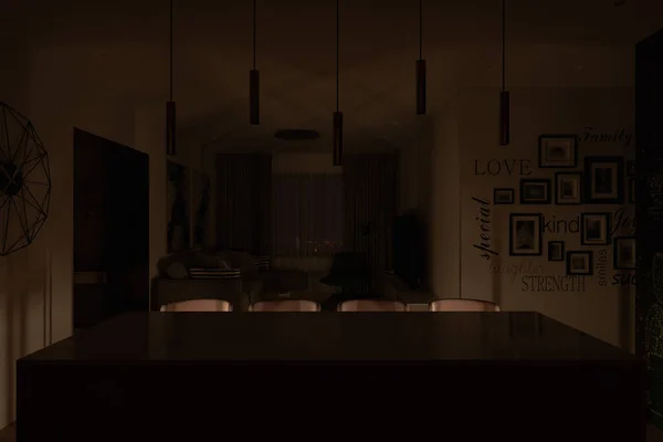 室内设计具有现代风格的公寓 3D的室内插图与夜光 相机角度在烹饪岛上和客厅区域 2021年室内设计趋势 — 图库照片