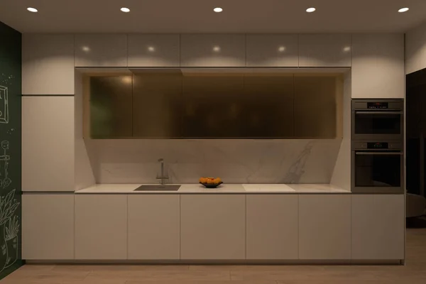 Rendering Una Cucina Bianca Con Armadi Oro Stile Interior Design — Foto Stock