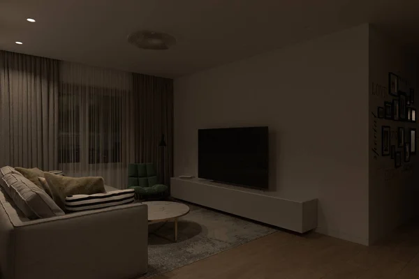 モダンな建築様式でリビングルームのインテリアデザイン 異なる照明とインテリアの3Dレンダリングのシリーズ デザインとプレゼンテーションのためのイラスト — ストック写真