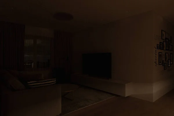 Modern Mimari Tarzında Oturma Odası Tasarımı Farklı Işıklandırmalı Bir Seri — Stok fotoğraf
