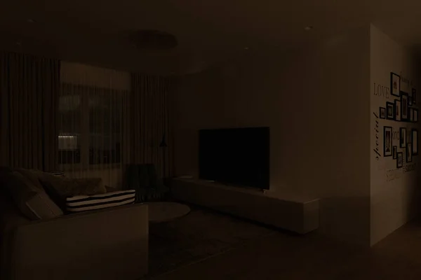 客厅室内设计采用现代建筑风格 一系列的3D渲染内部不同的照明 设计和展示说明 — 图库照片
