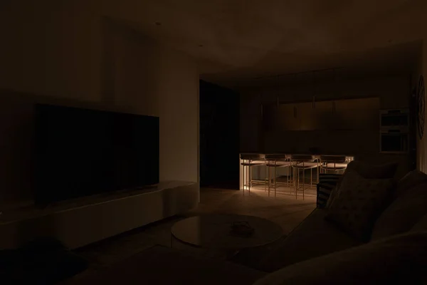キッチンを見下ろすリビングルームの3Dイラスト モダンな地中海スタイルのインテリアデザイン 異なる照明デザインのイラストのシリーズ — ストック写真