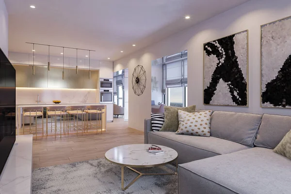 Diseño Interior Apartamento Ciudad Con Ventanas Panorámicas Cocina Sala Estar —  Fotos de Stock
