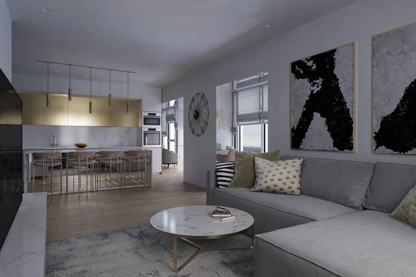 Illustration Lägenhet Inredning Med Panoramafönster Kök Och Vardagsrum Design Modern — Stockfoto