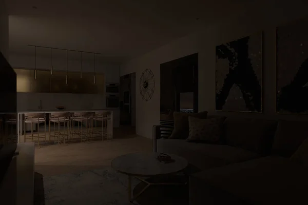 3d illustration of a night interior in the style of minimalism. Render of a kitchen with a large cooking island and a living room with a corner sofa. Visualization for the presentation of developers