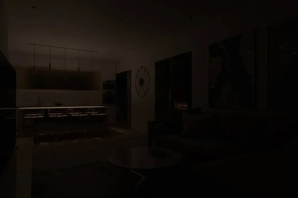 Nocna wizualizacja 3D wnętrza. Projekt salonu w połączeniu z kuchnią — Zdjęcie stockowe