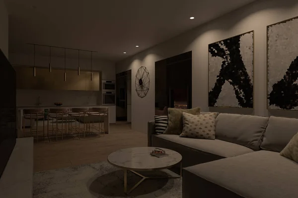 Interior design di un appartamento in città con finestre panoramiche. Cucina e soggiorno di design in stile moderno — Foto Stock