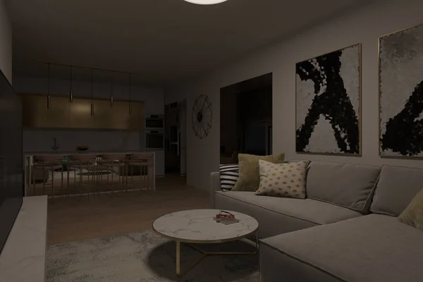 3d renderização da sala de estar e cozinha na iluminação noturna — Fotografia de Stock
