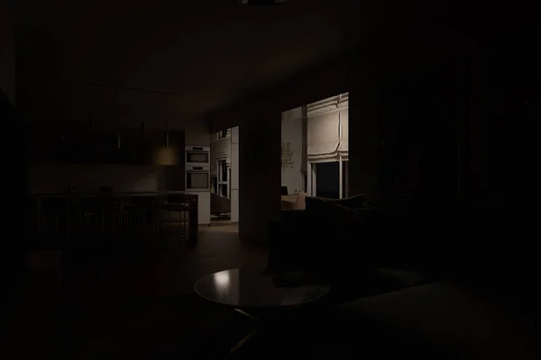 Visualización 3D cocina y sala de estar diseño interior en un apartamento moderno — Foto de Stock