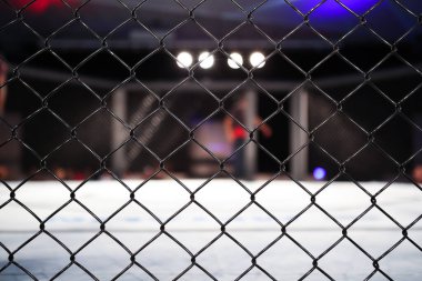 Işık altında boş mma arenasının yan görünümü, sekizgen ızgara.
