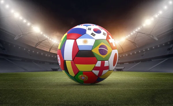 Soccer ball with flags in the stadium, the imaginary football stadium is modelled and rendered.