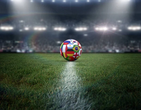 架空のサッカー スタジアムでサッカー ボールをモデル化し レンダリング — ストック写真
