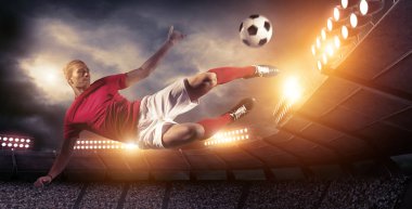 Eylem Stadyumu arka plan üzerinde futbol oyuncusu. Hayali futbol stadyumu modellenmiş ve render.