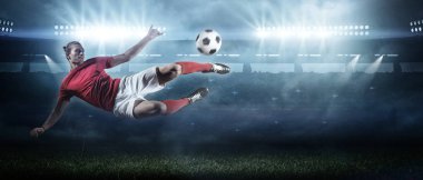 Eylem Stadyumu arka plan üzerinde futbol oyuncusu. Hayali futbol stadyumu modellenmiş ve render.
