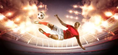 Eylem Stadyumu arka plan üzerinde futbol oyuncusu. Hayali futbol stadyumu modellenmiş ve render.