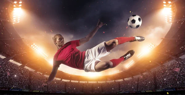 Eylem Stadyumu arka plan üzerinde futbol oyuncusu. Hayali futbol stadyumu modellenmiş ve render.