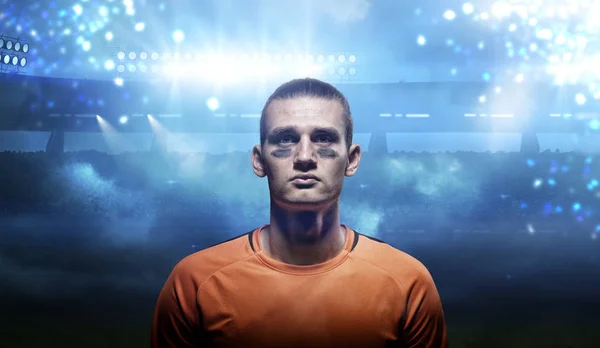 Soccer player in the 3d imaginary stadium.The imaginary soccer stadium is modelled and rendered.