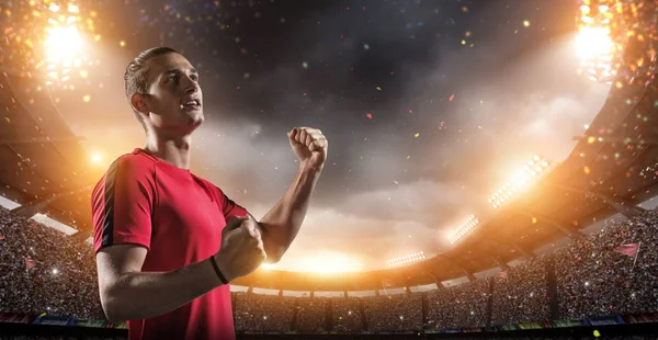 Happy soccer player with goal joy in the stadium background.The imaginary soccer stadium is modelled and rendered.