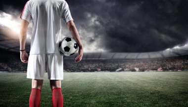 Futbol oyuncu stadyum top ile. Hayali stadyumun modellenmiş ve render.