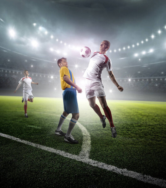 Soccer players in stadium. The imaginary stadium is modelled and rendered.