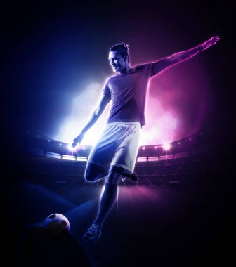 Stadyumda futbol oyuncusu. Hayali stadyumun modellenmiş ve render.