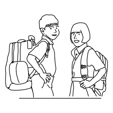 İlkokul öğrencileri Monoline Illustration 'a gülümsüyor