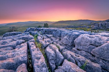 Malham Koyu 'nun tepesinde Kireç Taşı' nda Clints ve Grykes görünüyor. Harry Potter ve The Deathly Hollows, Malham çevresinde çekilmiştir.