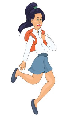 Neşeli liseli kız okula gidiyor. Okul yılının başında. 1 Eylül 'den okula. Çocuk karakteri. site veya oyun kartları için